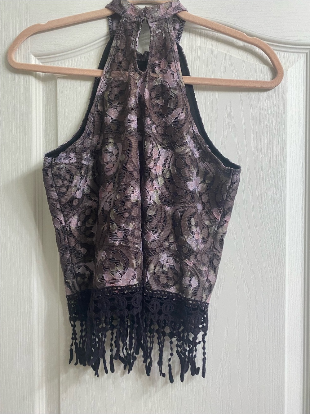 Vintage Rue21 Whimsigoth Floral Lace Mock Neck Halter Fringe Waist Crop Top S - Picture 10 of 13